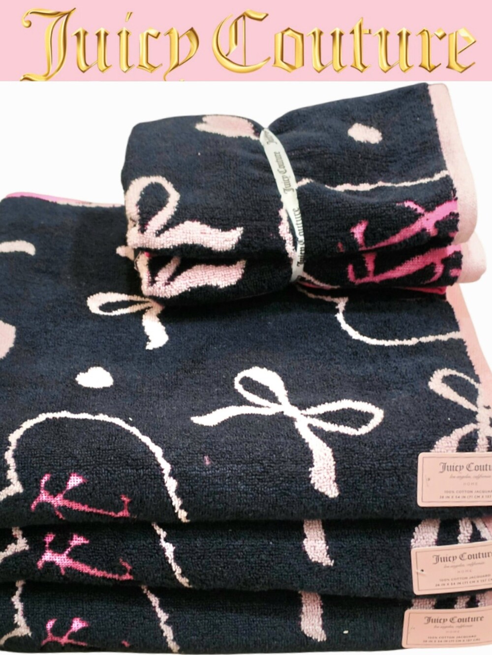Juicy Couture Home Heart Wrapped JC Logo Bows & Hearts Bath & Hand Towel Set